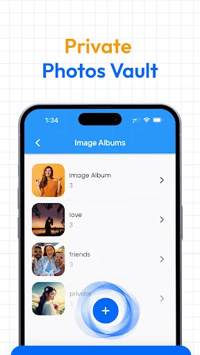 Private Photos Vault with Image Albums interface showing categorized photo collections organized in a secure mobile vault