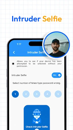 Intruder Selfie security feature showing failed password attempt tracking and automatic self-portrait capture on unauthorized access