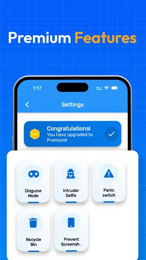Premium Features settings screen displaying advanced security options including Disguise Mode, Intruder Selfie, and Panic Switch