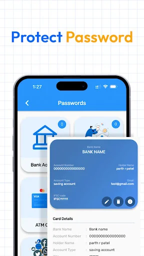 Protect Password feature with secure password and banking credentials storage interface for managing sensitive account information