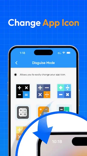 Change App Icon feature in Disguise Mode showing customizable calculator and utility app icons to hide the vault application