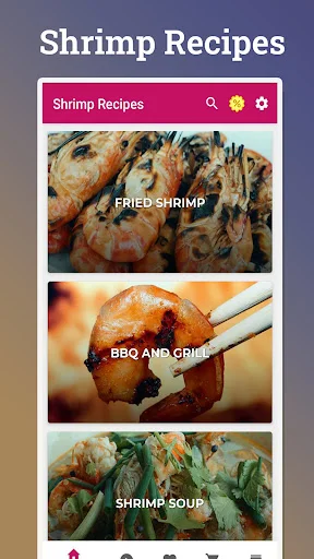Shrimp Recipes app home screen showing recipe categories: fried shrimp, BBQ and grill, shrimp soup with food images