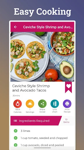 Ceviche shrimp tacos recipe detail page with ingredients list, servings, calories, and cooking options in app