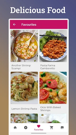 Favorites screen displaying saved shrimp recipes including scampi, pasta, and baked shrimp dishes
