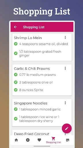 Shopping list feature showing ingredients needed for shrimp lo mein, garlic prawns, and noodle recipes