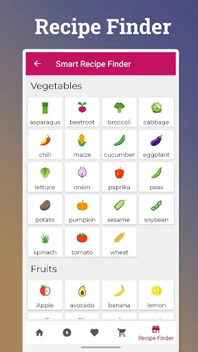 Smart recipe finder with vegetable and fruit ingredient selector for discovering shrimp recipes