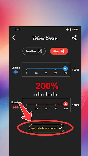 Maximum boost button highlighted in Volume Booster app for instant 200% sound amplification