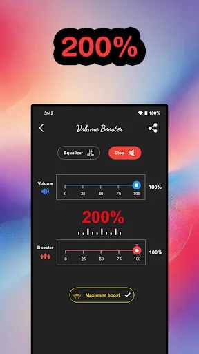 Sound Booster interface displaying 200% volume enhancement with dual audio control sliders