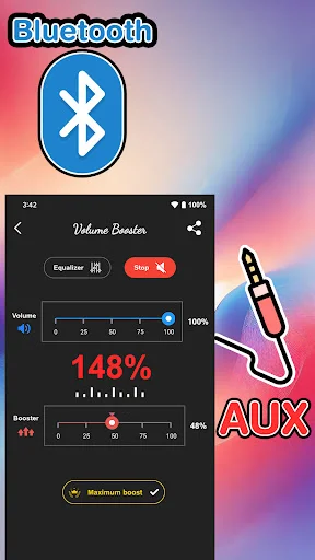Bluetooth and AUX audio connectivity features in Volume Booster app with 148% boost level