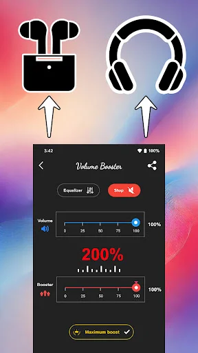 Volume Booster app supporting wireless earbuds and wired headphones with 200% boost