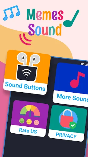 Sound Effects Meme Soundboard app home screen with colorful logo, sound buttons, and menu options