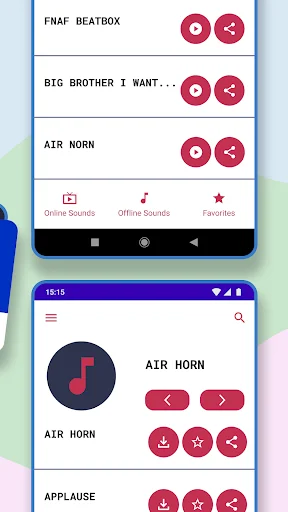 Meme soundboard list showing viral sound effects like FNAF Beatbox, Air Horn with play and share buttons