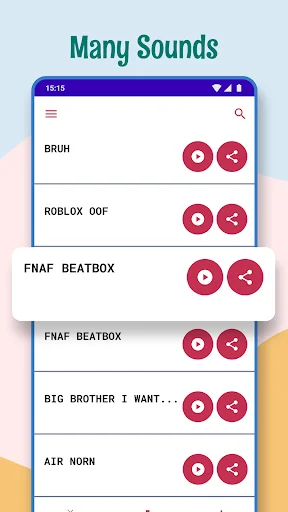 Many Sounds screen displaying popular meme sounds including Bruh, Roblox Oof, and Air Horn with playback controls