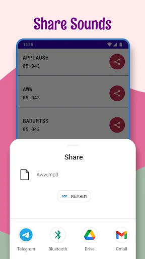Share Sounds feature showing export options for meme sound effects via Telegram, Bluetooth, Drive, and Gmail
