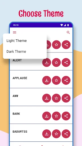 Theme selection menu for soundboard app with Light Theme and Dark Theme options over sound effect list