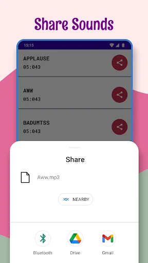 Sound sharing interface for exporting meme audio files via Bluetooth, Google Drive, and Gmail