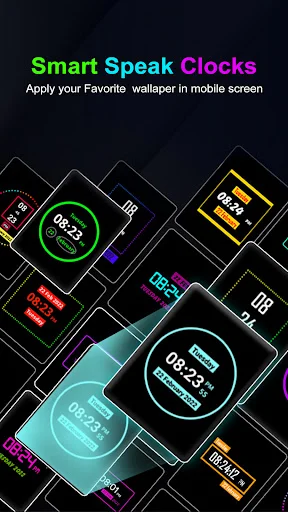 Smart Speak Clocks app gallery showing customizable digital clock face wallpaper designs for Android screens