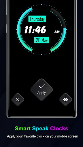 Cyan clock face displaying time 11:46 AM with Apply button - Smart Speak Clocks AOD wallpaper customization screen