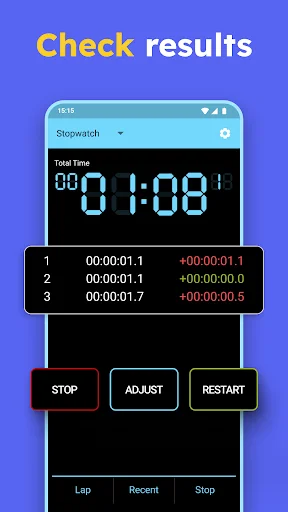 Stopwatch results view showing lap times list with stop, adjust, and restart control buttons