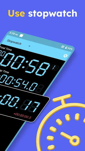 Stopwatch feature displaying running time with lap tracking functionality and digital clock icon