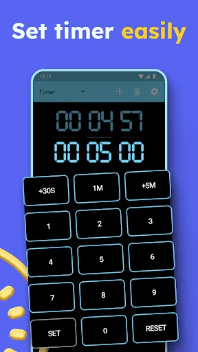 Timer setup screen with numeric keypad for easy time input and quick increment buttons
