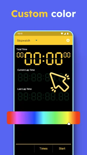 Custom color theme selector with rainbow gradient bar to personalize stopwatch display