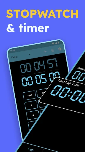 Stopwatch & Timer app hero image showing dual timer and stopwatch displays with digital time readouts