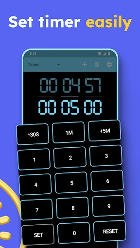 Timer setup screen with numeric keypad for easy time input and quick increment buttons