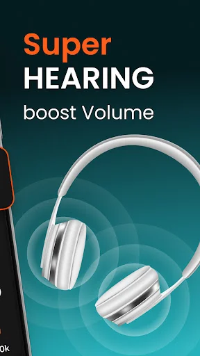 Super Hearing app splash screen with headphones and boost volume text on gradient background