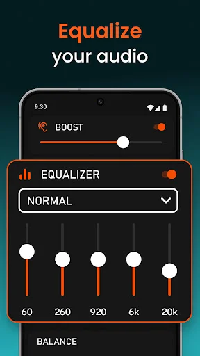 Audio equalizer interface showing frequency sliders for 60Hz to 20kHz and balance controls