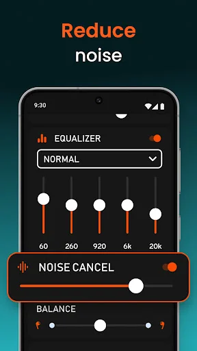 Noise cancellation feature with equalizer controls and adjustable noise cancel slider for clear audio