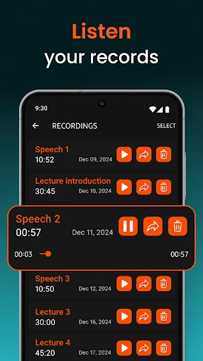 Recordings list showing saved speeches and lectures with playback, share and delete options