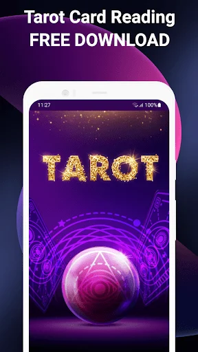 Tarot Cards Reading 2025 app splash screen with purple mystical crystal ball and golden TAROT text on starry background