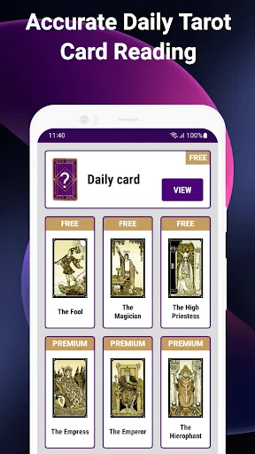 Daily tarot card selection screen showing major arcana cards including The Fool, Magician, and High Priestess with free options