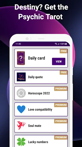 Tarot app menu featuring daily card reading, horoscope, love compatibility, soul mate finder, and lucky numbers features