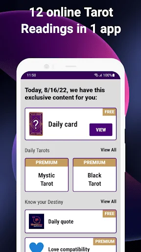 Tarot reading app home screen displaying 12 online readings including Mystic Tarot, Black Tarot, and love compatibility
