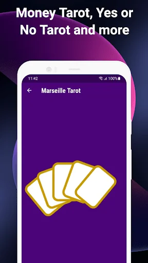 Marseille Tarot card spread interface showing fanned playing cards on purple background for fortune telling reading