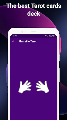 Interactive Marseille Tarot card shuffling screen with hand gesture icons on mystical purple background for readings