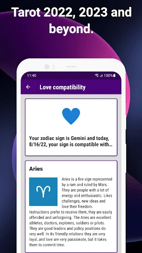 Zodiac love compatibility feature showing Aries sign with blue heart icon and astrological compatibility description