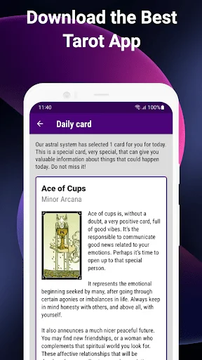 Daily tarot card reading displaying Ace of Cups with detailed interpretation and meaning for Minor Arcana fortune telling