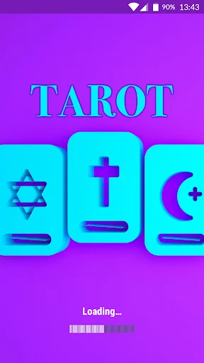 Tarot app loading screen with purple background and mystical card symbols