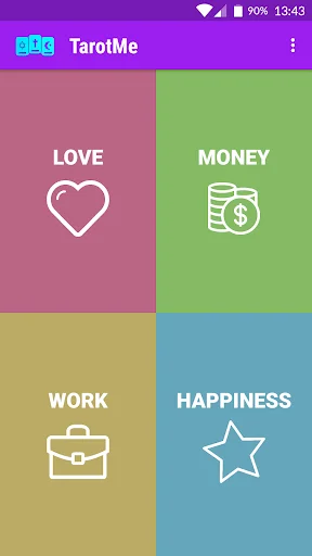 TarotMe main menu with four tarot reading categories: Love, Money, Work, and Happiness