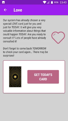 Love tarot reading screen with face-down card and Get Today's Card button