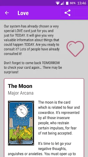 Love category displaying The Moon tarot card meaning and guidance text