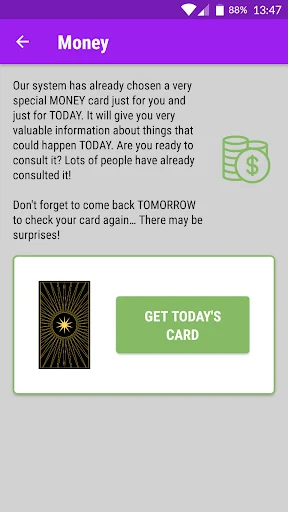 Money tarot reading screen showing card back and Get Today's Card button