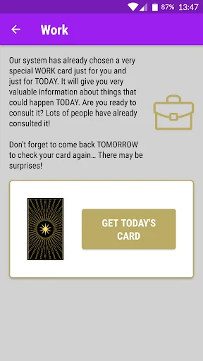 Work tarot category screen with daily card selection button