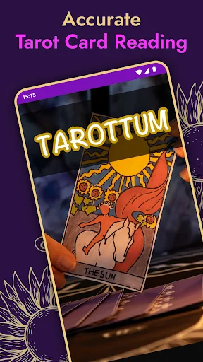Tarot Cards Reading app home screen showing TAROTTUM branding with The Sun tarot card on purple background
