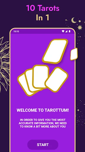 Tarottum welcome screen featuring 10 tarots in 1 app with card illustrations and start button on purple interface