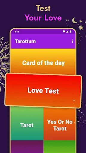 Tarot app main menu with Love Test, Card of the Day, and Yes Or No Tarot reading options in colorful tiles