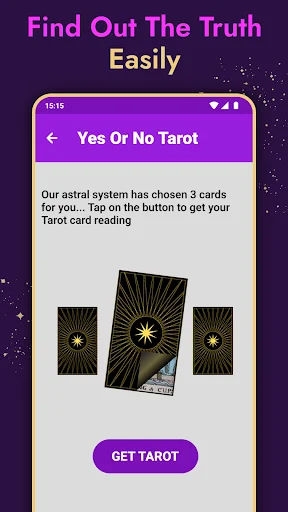 Yes or No Tarot reading screen with three card backs to choose from and get tarot button for quick answers